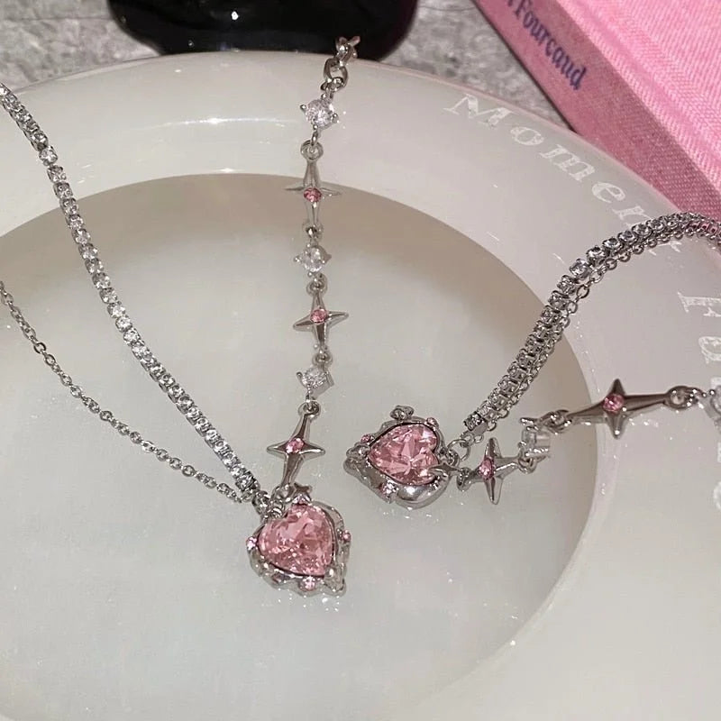 Sweet Pink Heart Crystal Necklace - 1-Stop Discount Shop